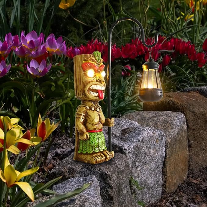 16.7" H Tiki Decor Garden Statue,Large Lantern Tiki Figurine with Solar Lights,Hawaiian Tiki Man Outdoor Patio Yard Lawn Bar Party Beach Pool Pond Halloween Christmas Decoration Ornament Gifts