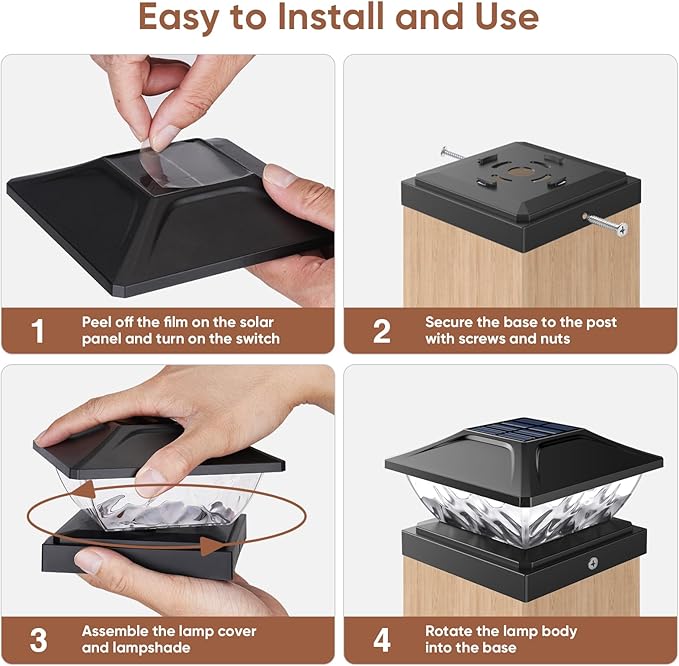 Solar Post Cap Lights Outdoor: 6 Pack 48 LED Fence Post Solar Lights - Solar Powered 2 Lighting Modes 4x4 Post Solar Lights for Deck Porch Patio Garden Decor - Fit 3.5x3.5 5x5 Vinyl Wooden Lamp Post