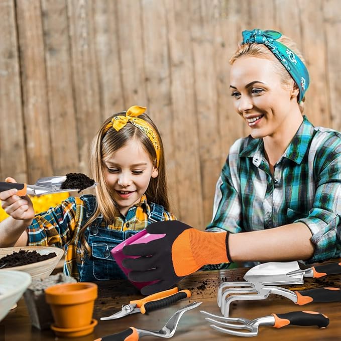 sungwoo Garden Tool Set 8 Piece, Heavy Duty and Lightweight Aluminium Alloy Tools with Non-Slip Ergonomic Handle, Storage Tote Bag, Gardening Hand Tools, for Women and Men Orange