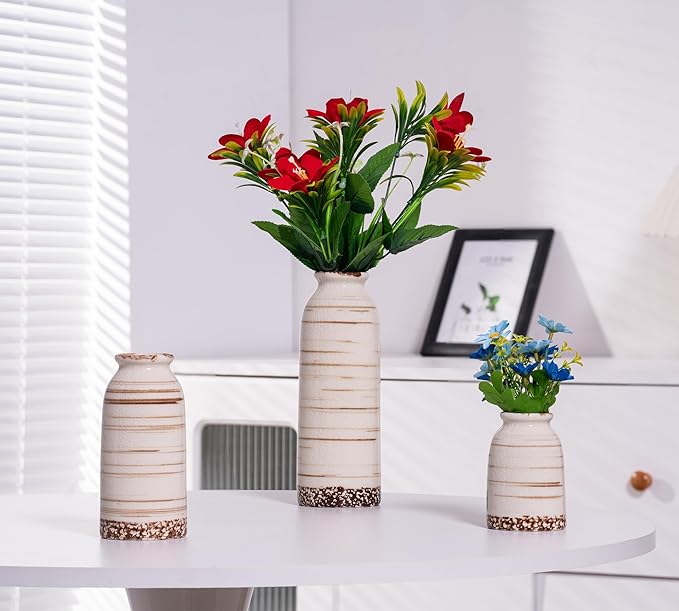 Beige Ceramic Vase Set of 3, Farmhouse Decorative Vase for Pampas Grass, Living Room, Bathroom, Bookshelf, Centerpieces Beige