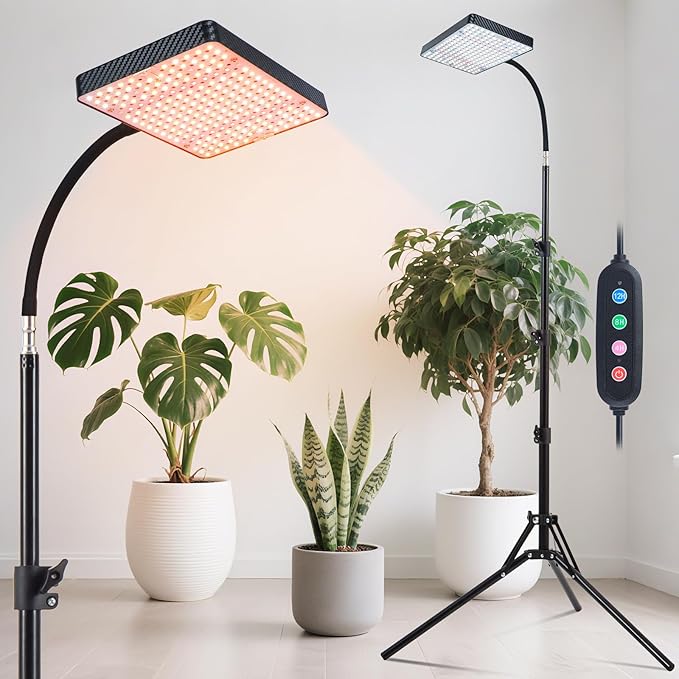 25W Grow Lights for Indoor Plants, Seed Starting, Bonsai with Stand and Timer Auto On/Off, 2500 Lumen Enough Bright Like A Small Sun for Your Jungle, Daisy Chain Function, 40"-64" Height Adjustable