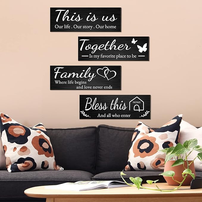 Joyhawk 4 Pieces Home Wall Decor Signs, THIS IS US/TOGETHER/BLESS THIS HOME/FAMILY Wall Decor For Living Room Bedroom, Rustic Wooden Farmhouse Wall Art Decor, 4.7 x 13.8 Inch(Black)