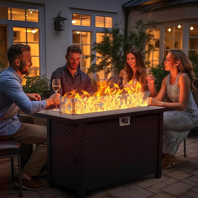 Rattaner 45 Inch Fire Table for Outside 60000 BTU Steel Gas Pit Outdoor with Woodgrain Marble Tabletop Glass Wind Guard Cover and Blue Crystal Beads