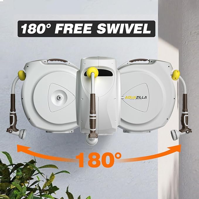 Retractable Garden Hose Reel, 1/2 in 120+6 ft, Heavy Duty Wall Mounted Water Hose Reel, Spring Power Automatic Rewind, Any Length Lock, 180° Swivel Bracket, 10 Pattern Spray Nozzle
