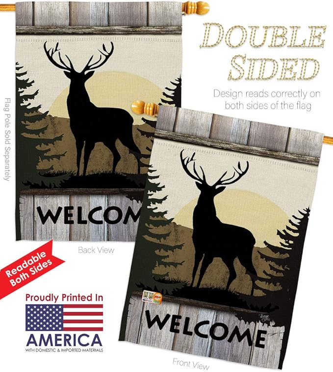 Welcome Deer Garden House Flags Kit Animals Wildlife Outdoor Bear Wolf Pet Nature Farm Animal Creature Small Decorative Gift Yard Banner Double-Sided Made In USA 28 X 40