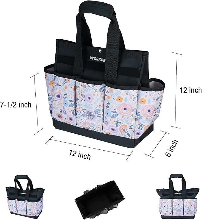 WORKPRO Garden Tool Bag, 9 Pockets Gardening Bag, Heavy Duty Oxford Garden Tote Caddy (Tools NOT Included), 12" x 12" x 6" (Floral White)