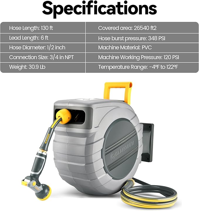 Retractable Garden Hose Reel 1/2 in x 130 ft, 2025 Upgraded Dual Ratchet Lock UV & Freeze Protection Brass Seal Slow Retraction Anti-Tangle Hose 180°Swivel Reinforced Scaffold Wall Mount
