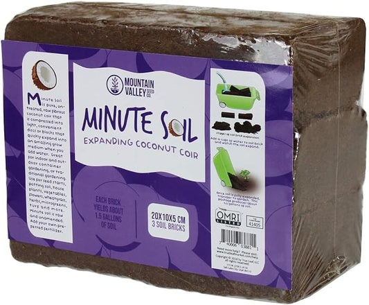 Minute Soil - Compressed Coco Coir Fiber Grow Medium - 3 Bricks = 4.5 Gallons of Potting Soil - Seed Starting, Gardening, House Plants, Flowers, Microgreens, Wheatgrass - Add Water - Peat Free - OMRI