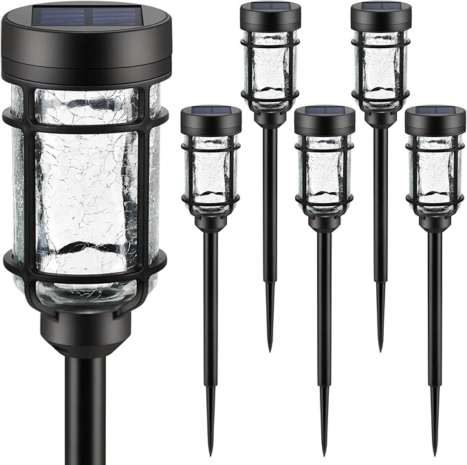 Solar Pathway Lights 6 Pack, Color Changing+Warm White LED Solar Lights Outdoor, Waterproof Solar Crackle Glass Stake Lights for Garden Path Walkway Backyard Lawn Landscape Decoration