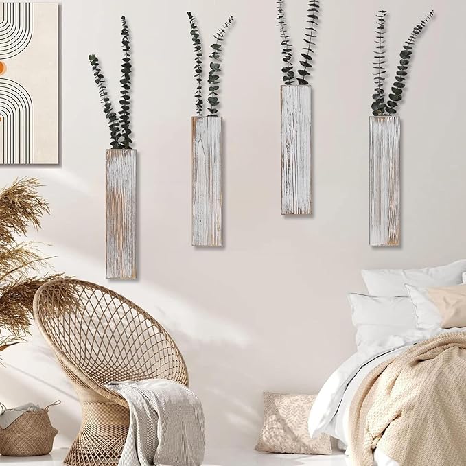 Wooden Wall Planter Set of 4 - Modern Home Decor for Living Room, Bedroom, Bathroom - Vintage Finish Planter for Dried Flowers, Faux Greenery, Indoor Plants