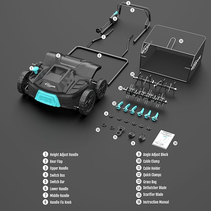 16‑Inch 15Amp 2‑in‑1 Electric Dethatcher & Scarifier with 5‑Position Depth Adjustment, 12 Gallon Removable Grass Collection Bag, Foldable Design, Lawn Thatcher for Yard Lawn Garden Care