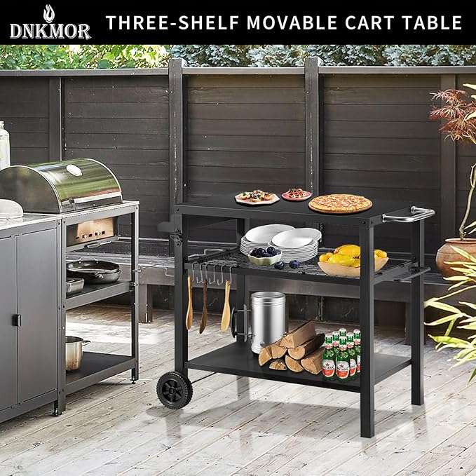 Dining Cart Table with Three Shelf, Movable Outdoor BBQ Grill Pizza Oven Stand with Three Hooks, Kitchen Cart Island Multifunctional Food Prep Table for Inside and Outside (Black)