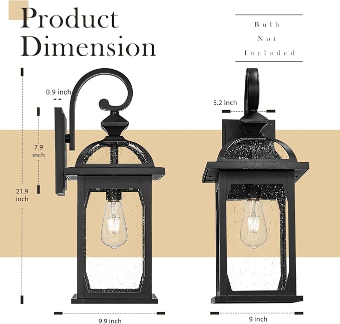 zeyu 22 Inch Outdoor Wall Light Sconce, Large Exterior Wall Light Fixture for House Porch, Die-Cast Aluminum with Seeded Glass, Black Finish, ZD100B-M BK