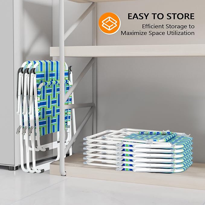 VINGLI Folding Aluminum Webbed Oversized Lawn Chairs with Detachable Cup Holder, 300LBS High Beach Chair for Adults Heavy Duty, Portable Patio Chair for Yard, Garden, 2 Pack,Blue/Green