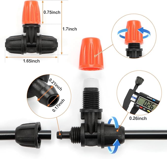 Three-Way Atomizing Nozzle for 1/4 inch Drip Irrigation Tubing, 30 Pcs Adjustable Micro Spray Irrigation Emitters with Anti-leak Lock Nut No Leak Barbed Emitter Fittings for Sprinkle System