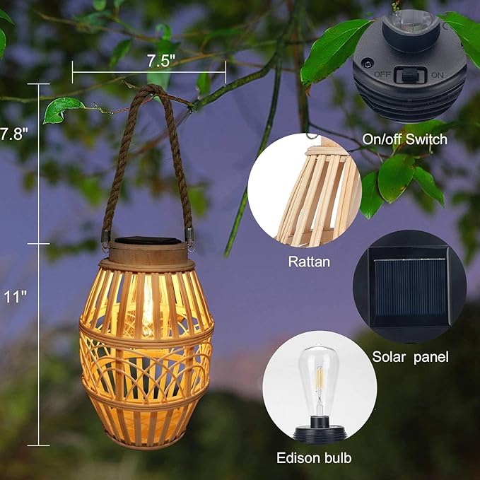 Solar Lamps Outdoor Bamboo,Rattan Hanging Solar Lights Waterproof,Solar Lanterns Decorative for Garden,Yard,Patio,Porch,Trees,Lawn,Pathway