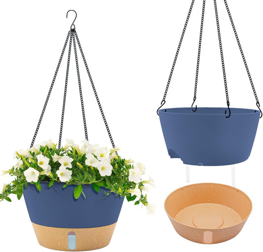 ZMTECH 12 Inch Large Hanging planters for Indoor, 2 Pack Self Watering Plant Pot for Outdoor Garden Porch, Hanging Flower Pot with Visible Water Level & Removable Tray(12Inch, Blue)