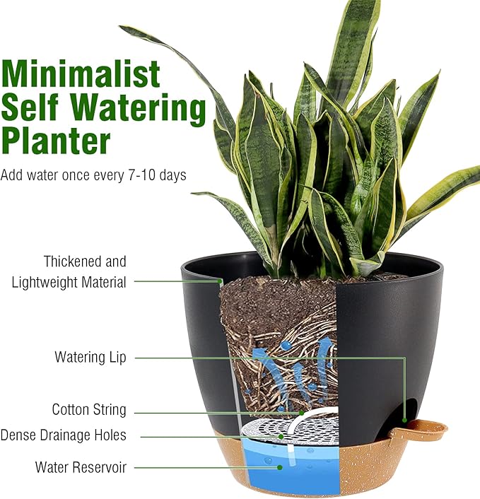 10/9/8 inch Self Watering Pots, Set of 3 Plastic Planters with Mesh Drainage Holes and Deep Reservoir for Indoor Outdoor Garden Plants and Flowers, Black with Brown