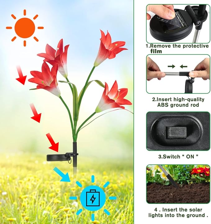 Veesee Solar Lily Flower Lights, Garden Lights for Christmas Gift, Outdoor Solar Powered Garden Lily Decorative Light, Colors Changing Solar Flower Light for Garden,Patio,Yard,Decoration-Red