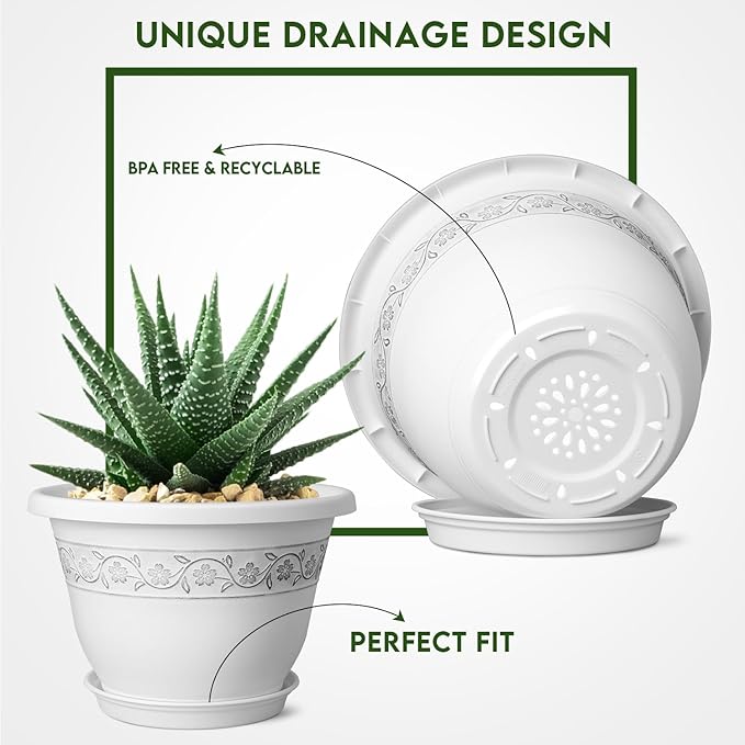 10 Inch Plant Pots with Drainage Hole - Lightweight Flower Pots for Herbs and Flowers - Home Decor Plastic Planters for Indoor Outdoor Plants- Pack of 4 (White, 10 inch)