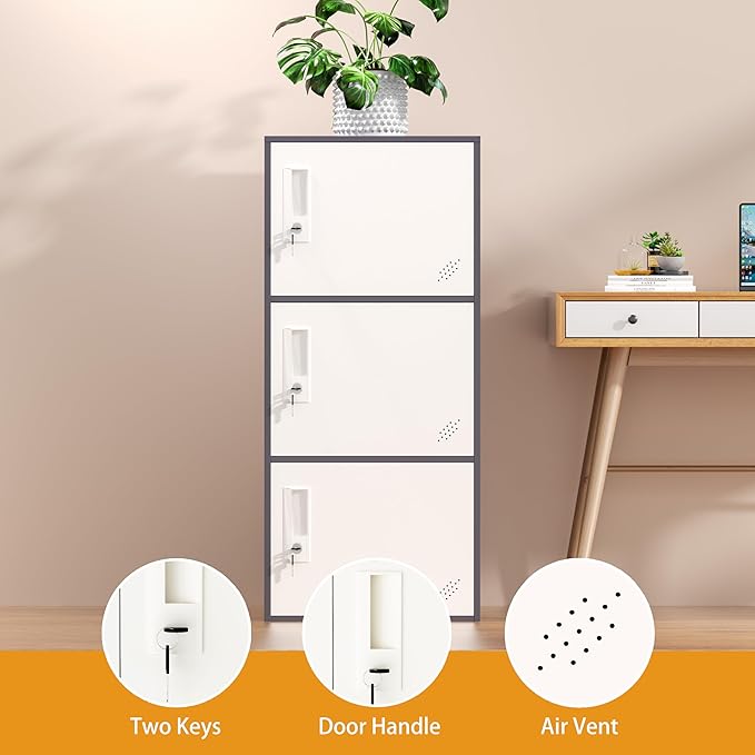 3 Door Vertical Stackable Storage Cabinet with Lock,Anti-Failing Device, Metal Lcoker,Organizer for Office, Home, Gym, School,Employee,Kids. (Grey)