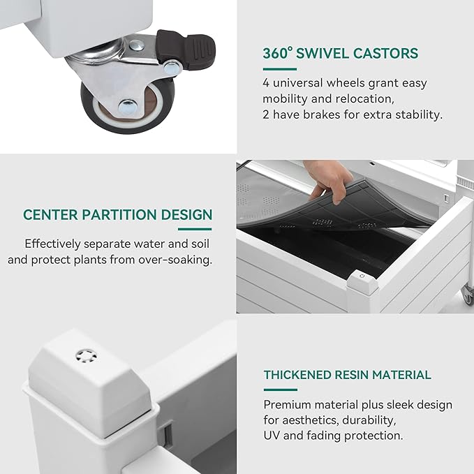 YITAHOME 3.6x1.5x5 FT Planter Box Trellis with Wheels, Large Outdoor Plastic Raised Garden Bed with Drain Plug for Climbing Plants, Grayish-White