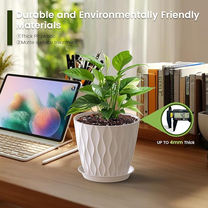 7 inch Plant Pots for Indoor Outdoor Plants, 5 Pack Thick Nursery Pots with Drainage Holes and Saucers, 3D Modern Wave Texture Plastic Planter Pots for Flowers and House Plants, Multicolor