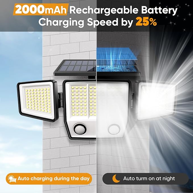 Solar Motion Sensor Outdoor Lights Waterproof - 3000LM 3 Modes Solar Security Lights Outdoor 270° Illumination IP65 LED Flood Wall Light for Garden Yard Patio Pathway (1Pack)