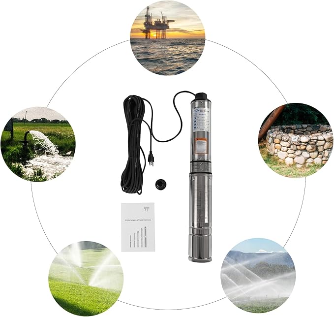 Deep Well Submersible Pump 110V 370W Electric Solar Powered Water Pump, 16 GPM Flow, 157ft Lift, Farm Ranch Irrigation Submersible Bore Hole Deep Well Pump 3420 RPM