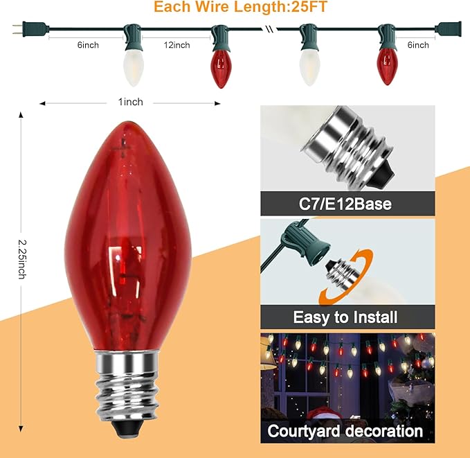C7 LED Red and Frosted White Christmas Lights 25FT Outdoor Christmas Decorations String Lights with 27 Shatterproof LED Bulbs, Hanging Vintage Christmas Light for Outdoor Garden Wedding Roofline Patio