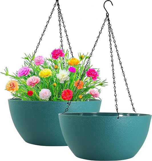 WOUSIWER 13 inch 2 Pack Large Hanging Planters for Indoor Outdoor Plants with Drainage Holes and Chain, Round Hanging Flower Pots for Garden Home Porch Decor, Myrtle Green