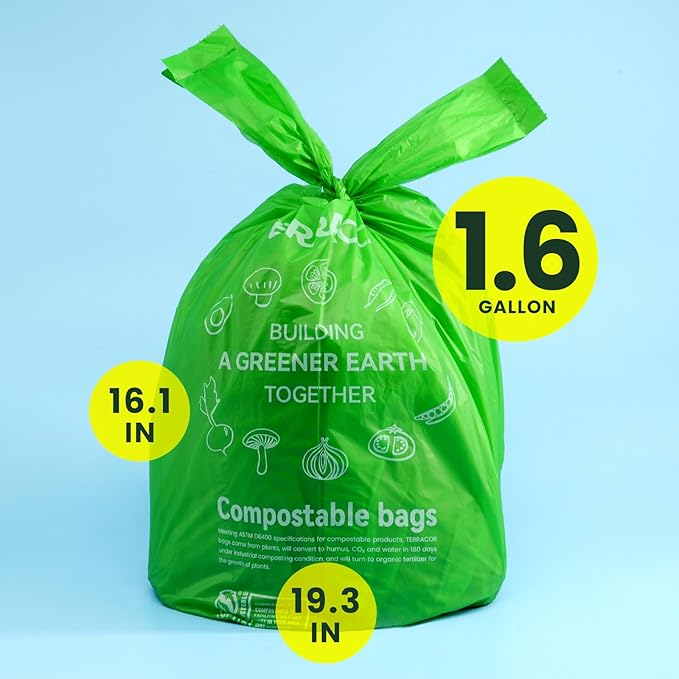 1.6 Gallon Compostable Food Scrap Bags Handle Tie for Kitchen Countertop Bin, 6 Liter Small Compost Bags, 50 Count, BPI Certified and Meet The ASTM D6400 Standard