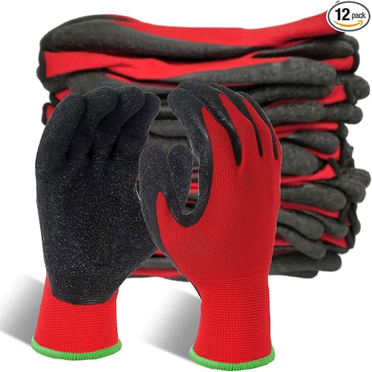 Evridwear Crinkle Latex Rubber Hand Coated Safety Work Gloves for Men Women General Multi Use Construction Warehouse Gardening Assembly Landscaping (XL-Size) 12 Pairs Pack