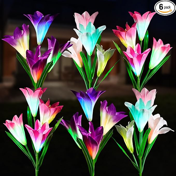6 Pack Solar Garden Lights Outdoor, 7 Color Changing LED Waterproof Solar Powered Lily Flowers Landscape Lights for Outside Yard, Patio, Pathway Decorative, Décor