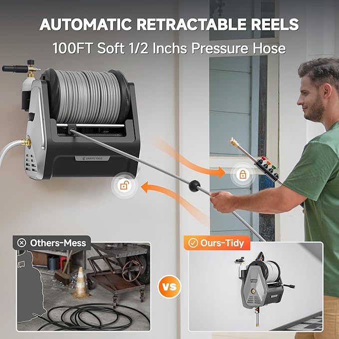 Giraffe Tools Wall Mounted Pressure Washer with 100ft Detachable Hose, Max 2900 PSI 2.2 GPM Electric Power Washer with 1800W Motor, Automatic Rewind, Any Length Locky