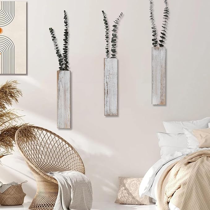 Wooden Wall Planter Set of 3 - Modern Home Decor for Living Room, Bedroom, Bathroom - Vintage Finish Planter for Dried Flowers, Faux Greenery, Indoor Plants