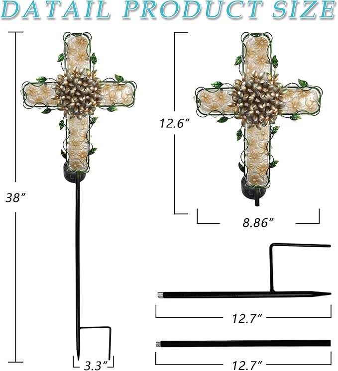 38inch Solar Cross Garden Lights Outdoor Decorative - Solar Metal&Glass Cross Apricot Hydrangea Flower Stake Lights- Waterproof 20 White LED for Remembrance Gifts & Sympathy Gifts