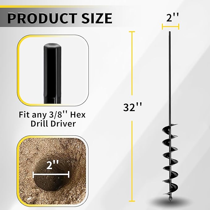 2”x32“ Auger Drill Bit for Planting, Heavy-Duty Planting Auger for Bulbs, Post Hole Digger for 3/8”Hex Drive Drill