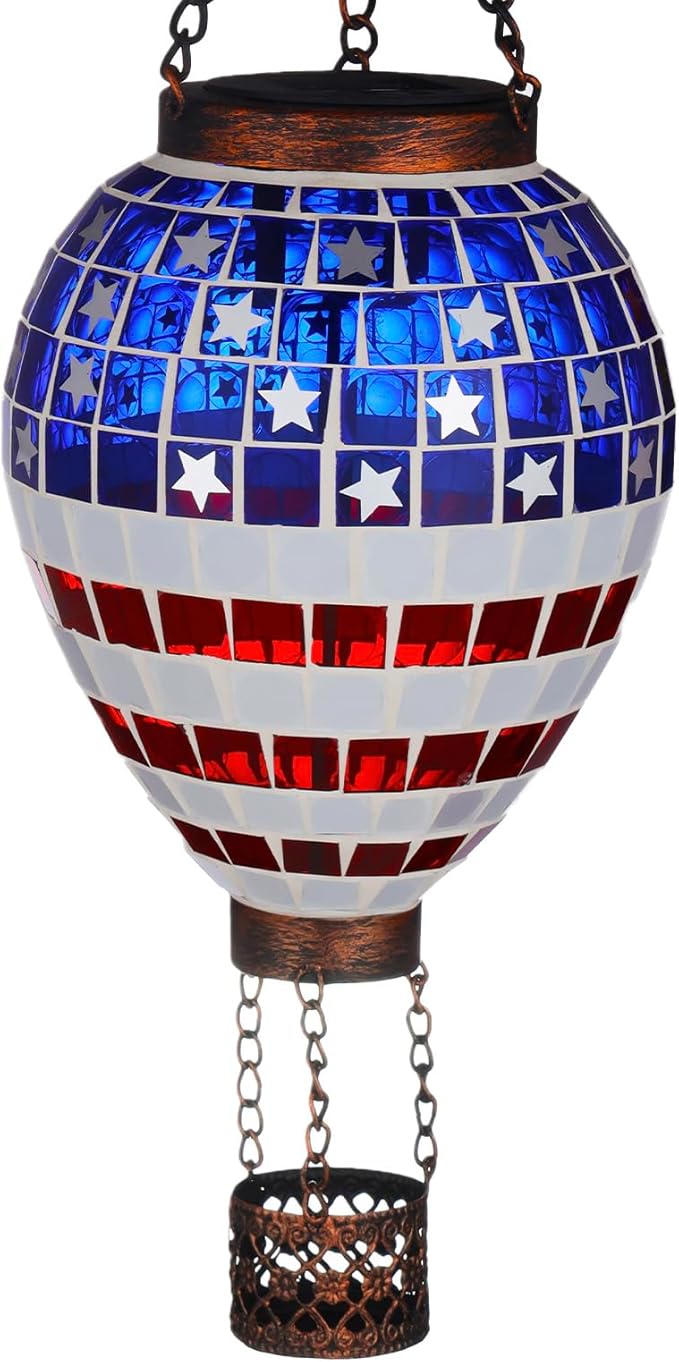 VOREEN American Flag Hot Air Balloon Solar Lantern, Mosaic Solar Outdoor Hanging Wind Light, IP44 Waterproof, Patio Festive Decor, Patriotic Theme, Easter Gifts for Mom Grandma