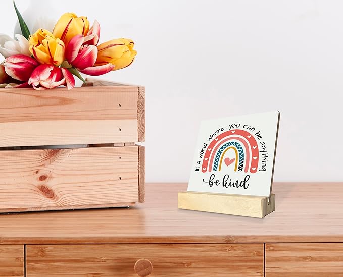 BQL Primitive Wooden Sign, 'In A World Where You Can Be Anything, Be Kind', Desk Plaque with Wooden Stand, 4 x 4.3 inches, Multicolored, Rustic, Tabletop Decor
