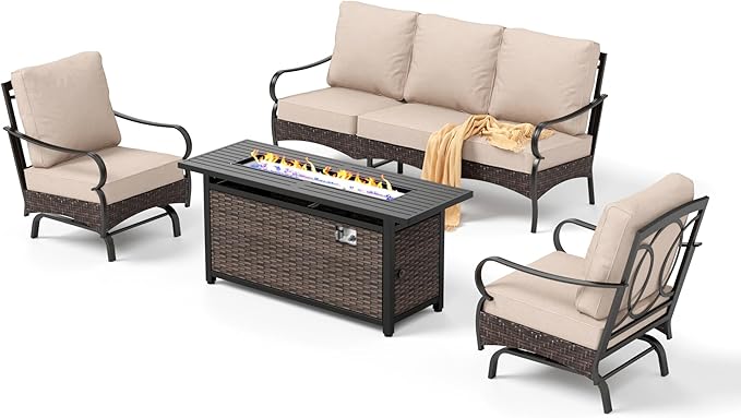 Patio Furniture Set with 56" Fire Pit Table, Premium Outdoor Wicker Metal Frame Furniture with Upgraded Waterproof Thick Cushions for Porch, Poolside, Deck, and Yard （4 Pieces,Beige）
