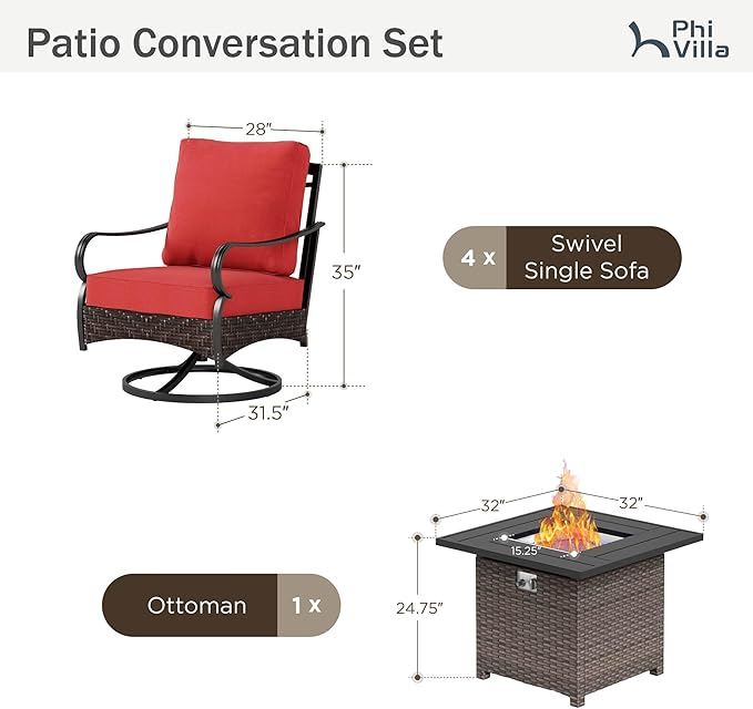 Patio Furniture Set with 32" Fire Pit Table, Patio Conversation Sets 4 Swivel Chairs with Thick Cushion and 50000 BTU Fire Pit Table (5 Pieces,Red