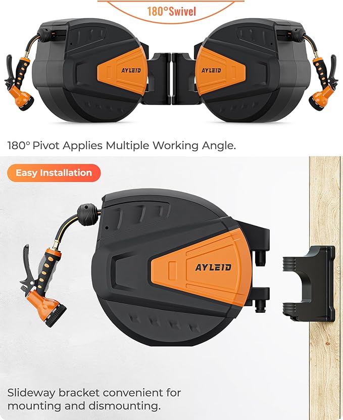 Ayleid Retractable Garden Hose Reel,1/2 in x 130 ft Wall Mounted Hose Reel, with 9- Function Sprayer Nozzle, Any Length Lock/Slow Return System/Wall Mounted/180°Swivel Bracket (Black)