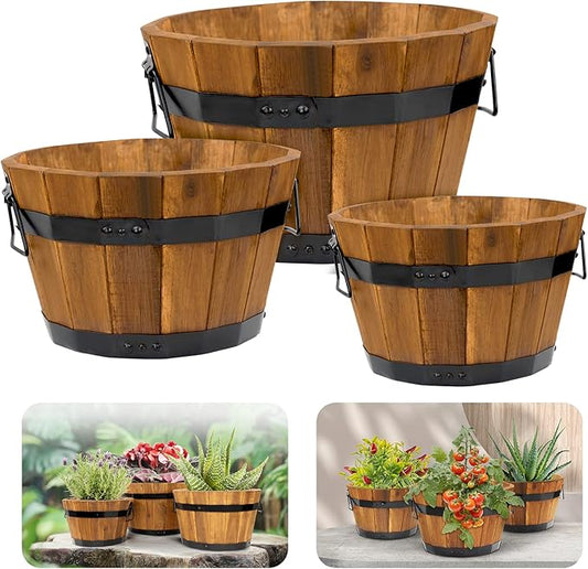IDZO Set of 3 Wooden Flower Boxes Outdoor, Durable Acacia Wood Barrel Planters for Outdoor Plants with Ergonomic Handles, Drainage Holes, Multiple Sizes Wood Bucket Planter Light Brown