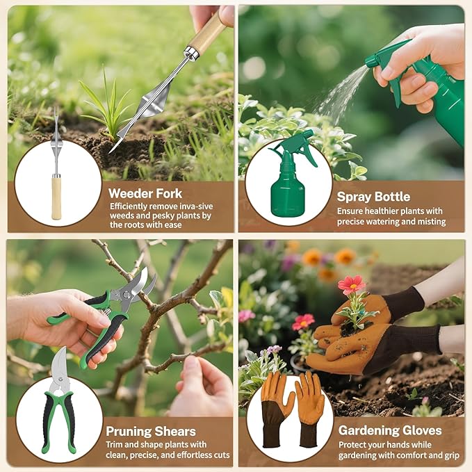 LASZOLA 9 Pcs Garden Tools Set with Tote Bag and Hand Trowel Rake Shovel, Heavy Duty Stainless Steel Gardening Kit for Outdoor Plant, Standable Portable Handbag Organizer, Ideal for Women Mom, Green