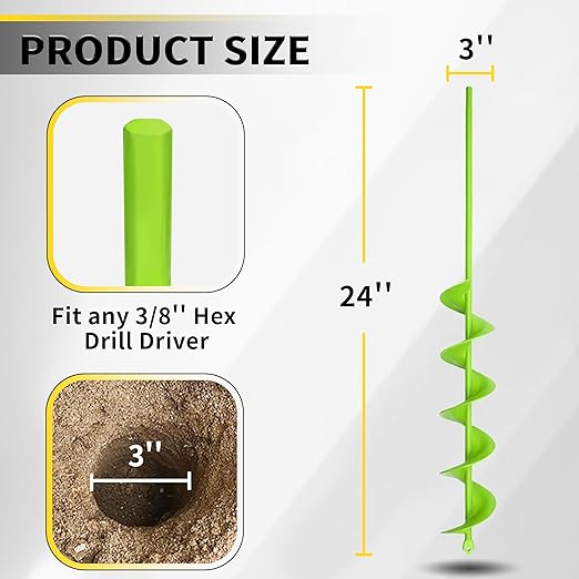 3x24-Inch Garden Auger Drill Bit for Planting and Post Hole Digging - Upgraded Spiral Design, Solid Shaft - Hex Driver Drill Compatible
