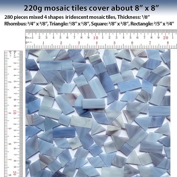 Iridescent Gray Stained Glass Mosaic Tiles for Crafts, 280 Pieces Mixed 4 Shapes Tiffany Stained Glass Sheets for Mosaic Projects