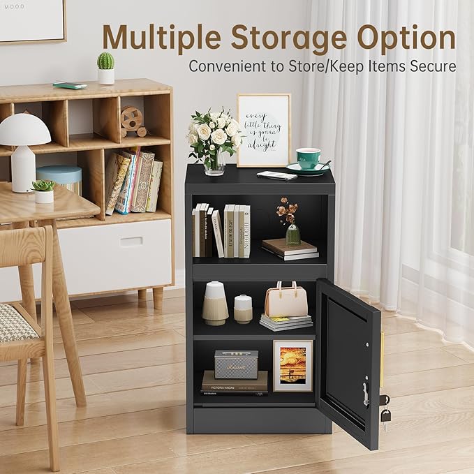27" Metal Nightstand with Locked Doors, Small Sidetable with Storage Shelf, Storage Cabinet for Bedroom, Metal End Table for Home, Office Black