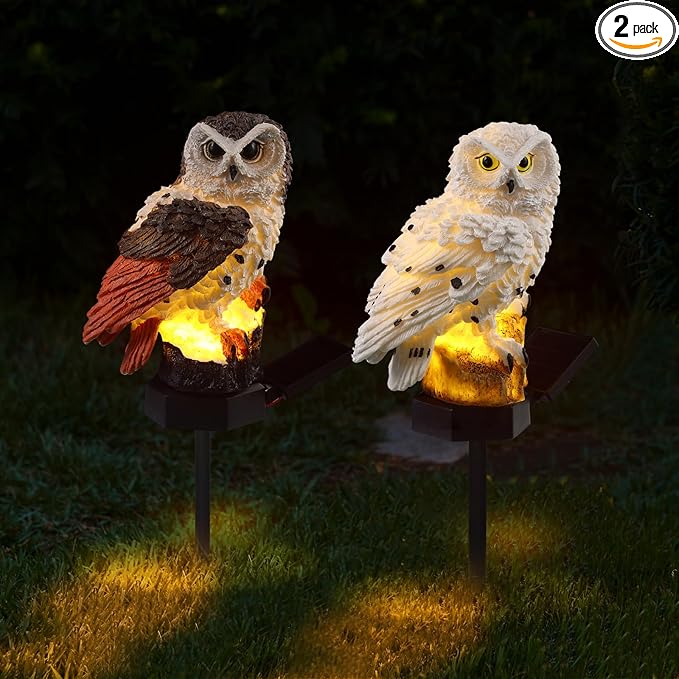 Capoda 2 Pieces Owl Garden Decorations Resin Owl Figurine Solar Light Stake Waterproof Animal Light Outdoor Decorations for Patio Yard Lawn Porch Pathway Decoration