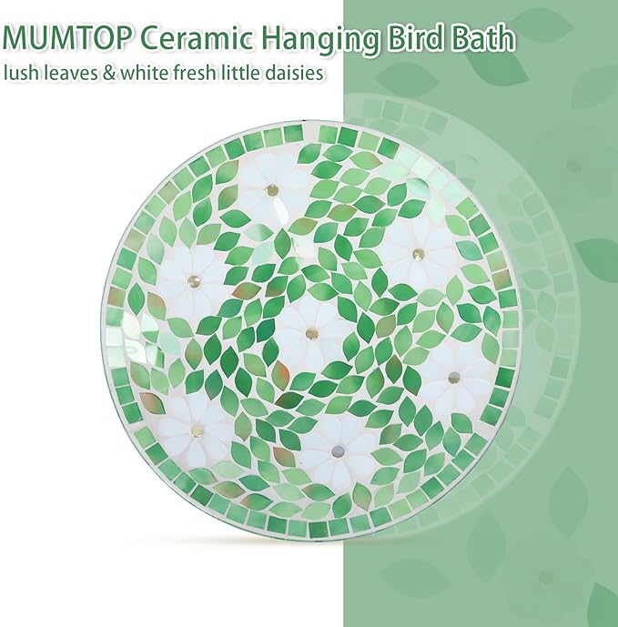 MUMTOP Mosaic Hanging Bird Bath-Bird Baths for Outdoors - 12 Inch Glass Birdbath Bird Water Bowl Bird Feeders for Outside, Garden, Lawn Yard Decor（Flower & Leaf）